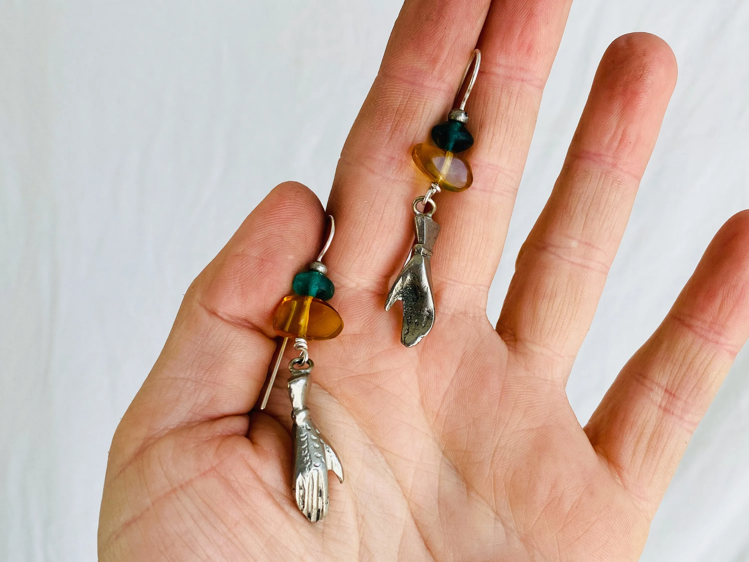 Hand Chachal Earrings. Amber and Vintage Crystal. Sterling Silver Ear Wire