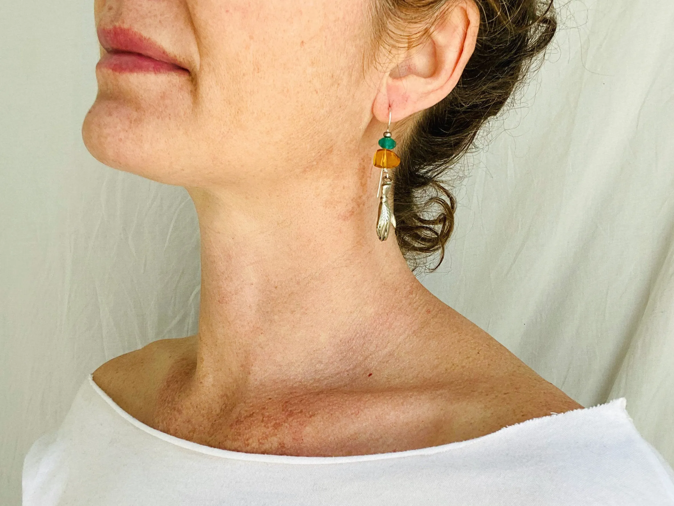 Hand Chachal Earrings. Amber and Vintage Crystal. Sterling Silver Ear Wire
