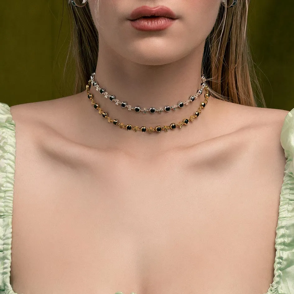 LISBET. Cross & Black Glass  Choker - Silver