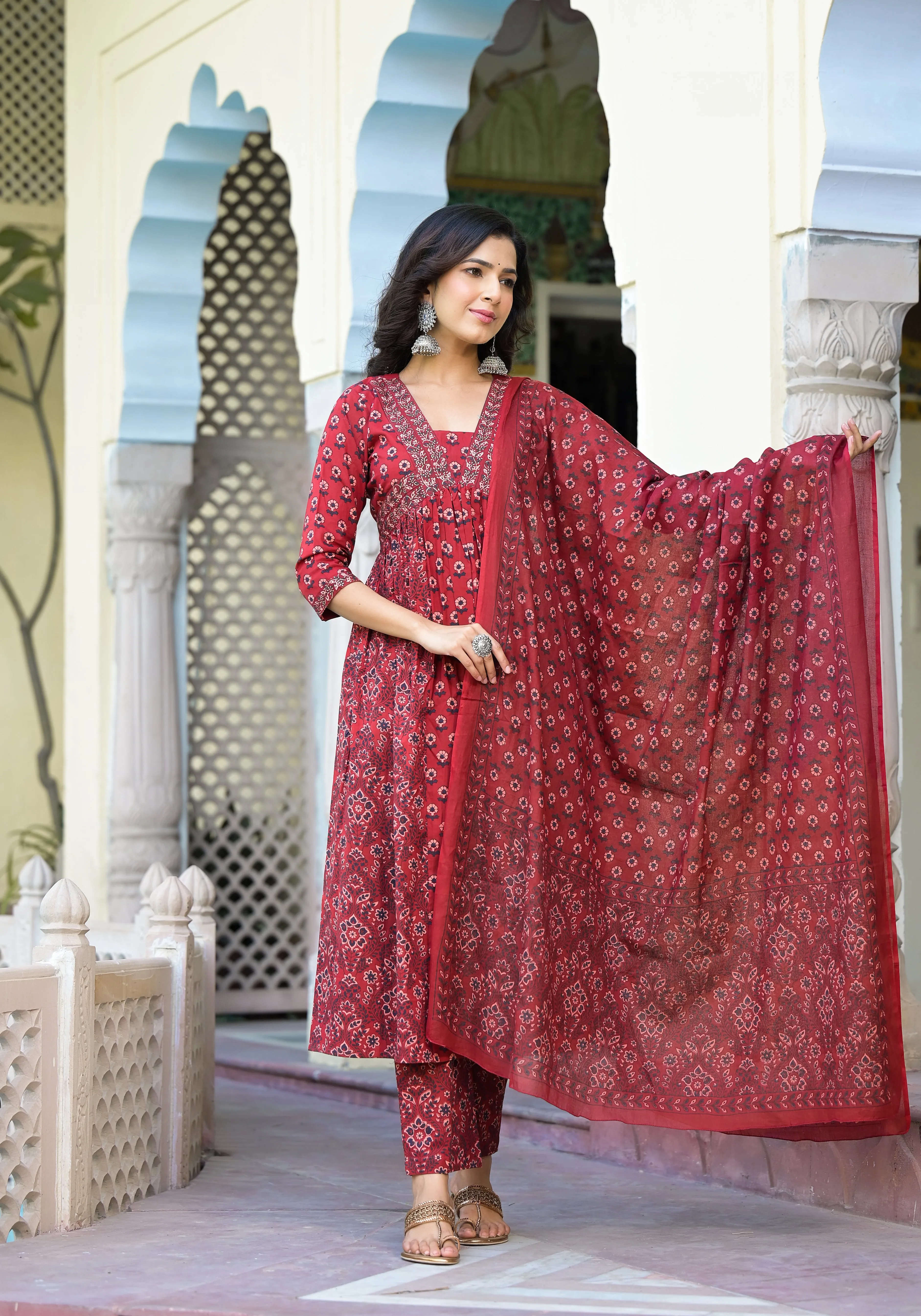 Maheen Maroon Cotton Alia Cut Suit Set