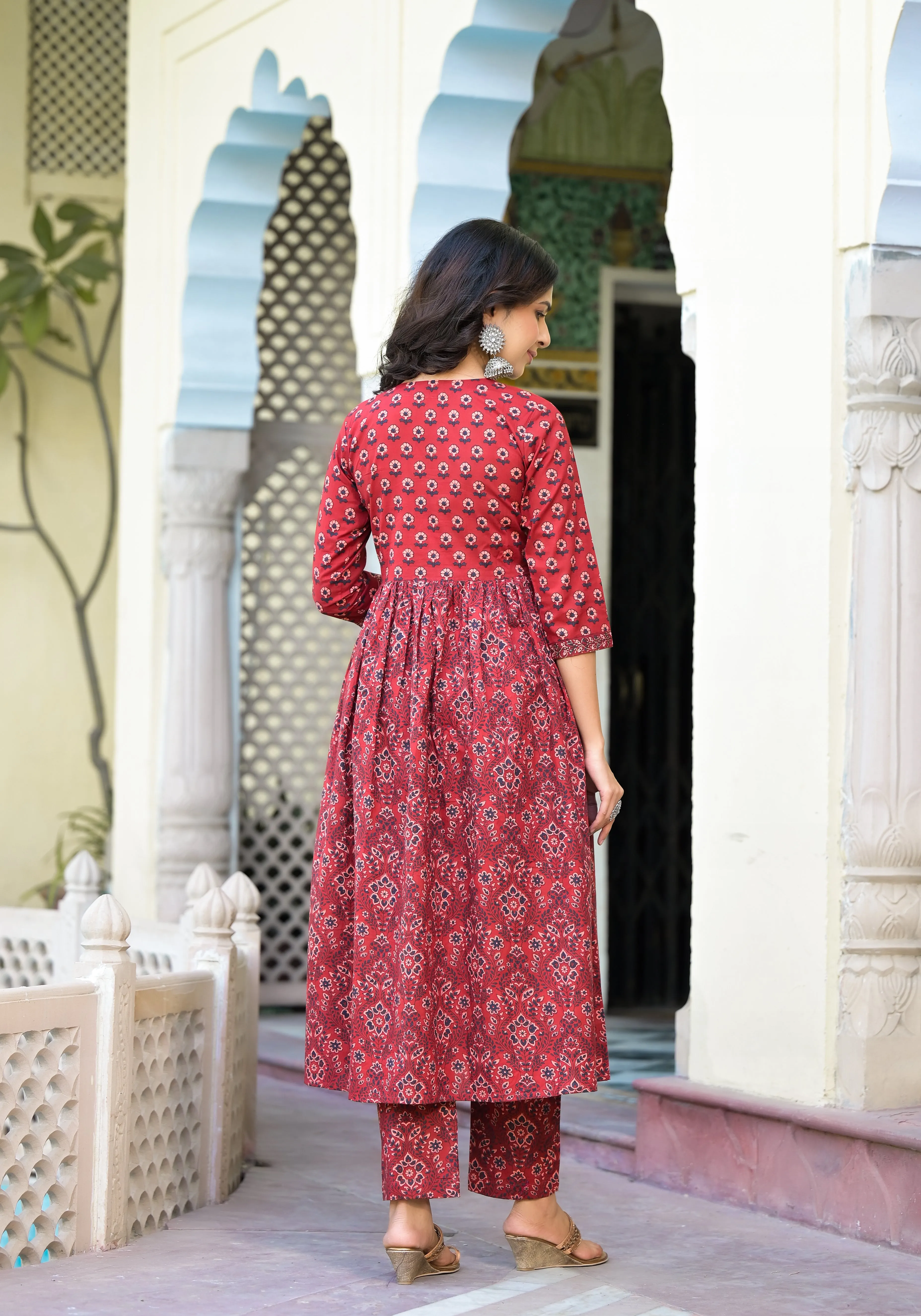Maheen Maroon Cotton Alia Cut Suit Set