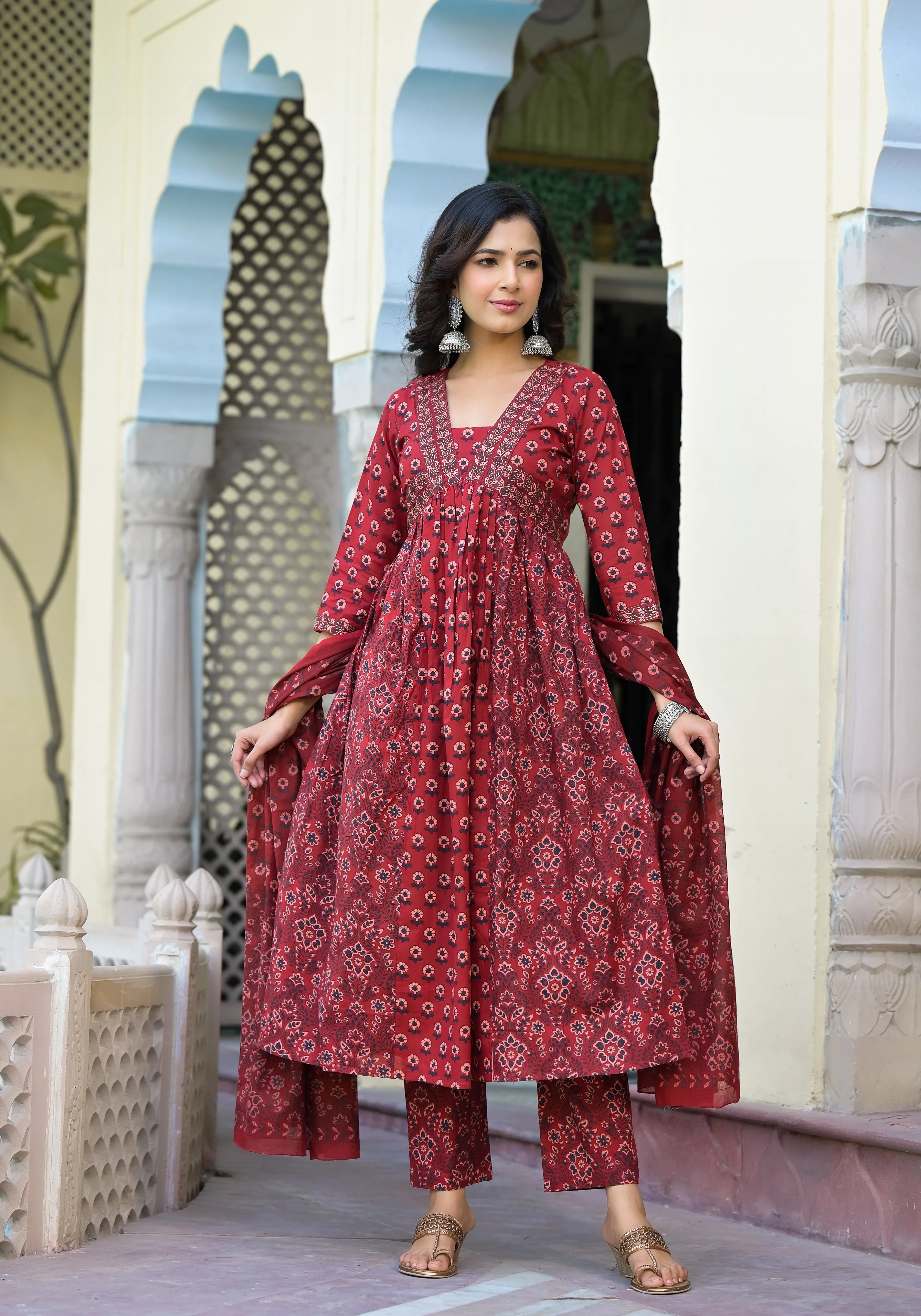 Maheen Maroon Cotton Alia Cut Suit Set