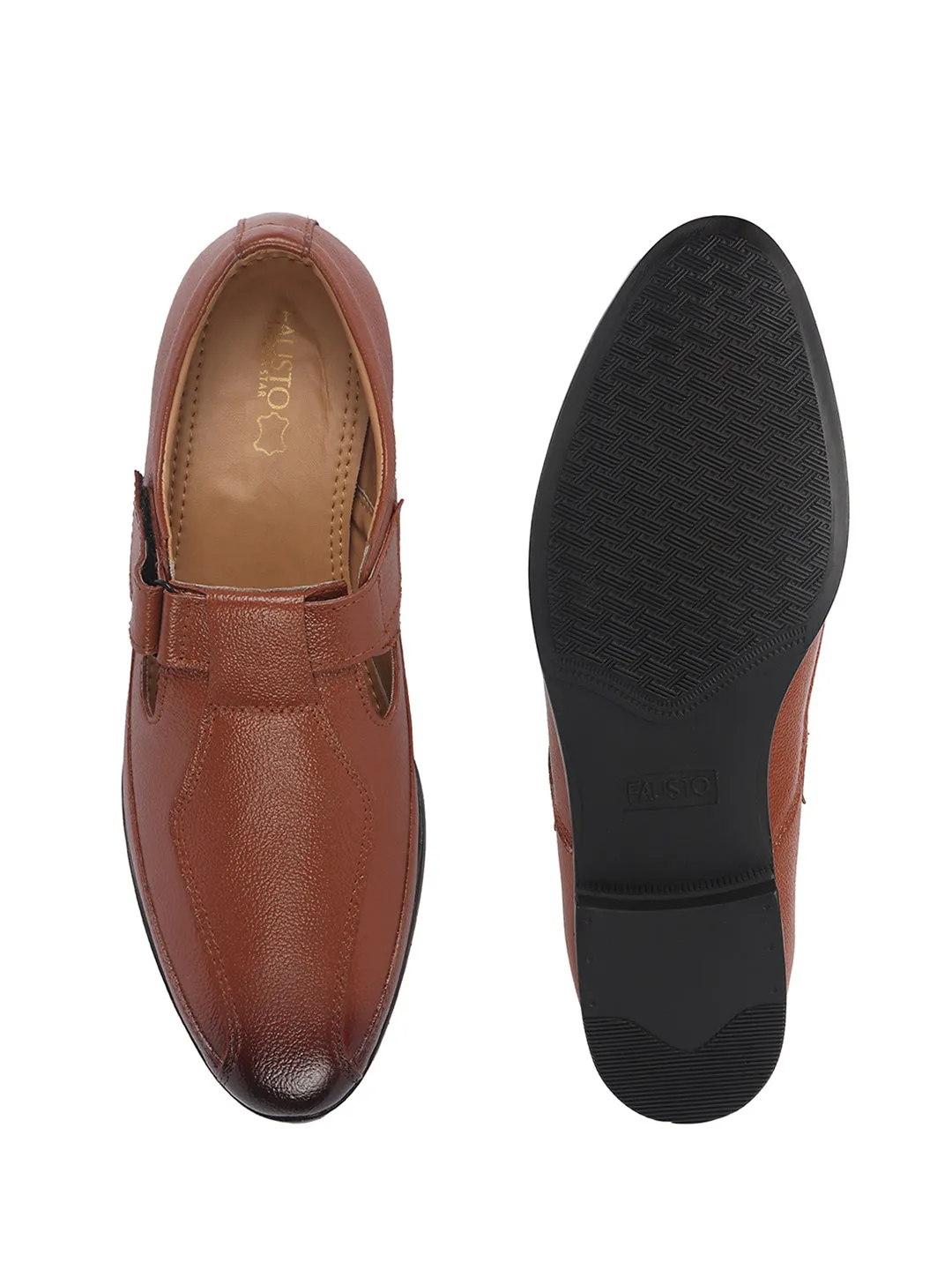 Men Tan Genuine Leather Broad Feet Breathable Slip On Adjustable Strap Peshawari Shoe Style Sandals|Work Wear|Formal Office Wear