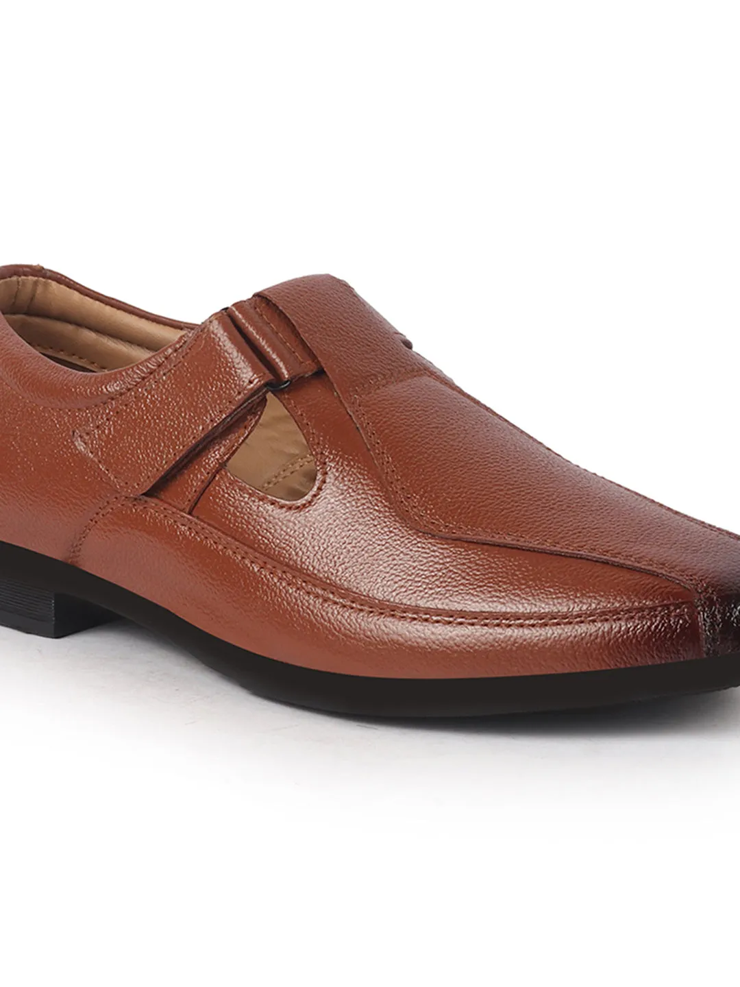 Men Tan Genuine Leather Broad Feet Breathable Slip On Adjustable Strap Peshawari Shoe Style Sandals|Work Wear|Formal Office Wear