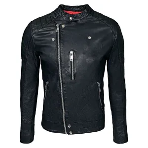 Mens Waxed Sheepskin Leather Cafe Racer Biker Jacket Black