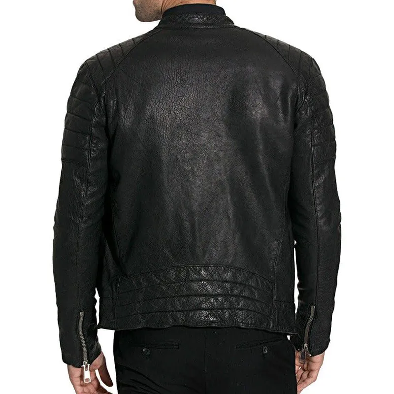 Mens Waxed Sheepskin Leather Cafe Racer Biker Jacket Black