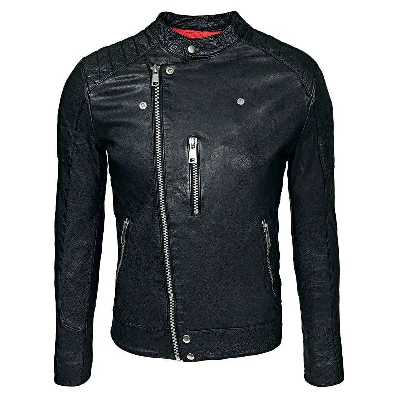 Mens Waxed Sheepskin Leather Cafe Racer Biker Jacket Black