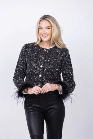 Milly Aya Beaded Tweed Feather Cuff Jacket in Black