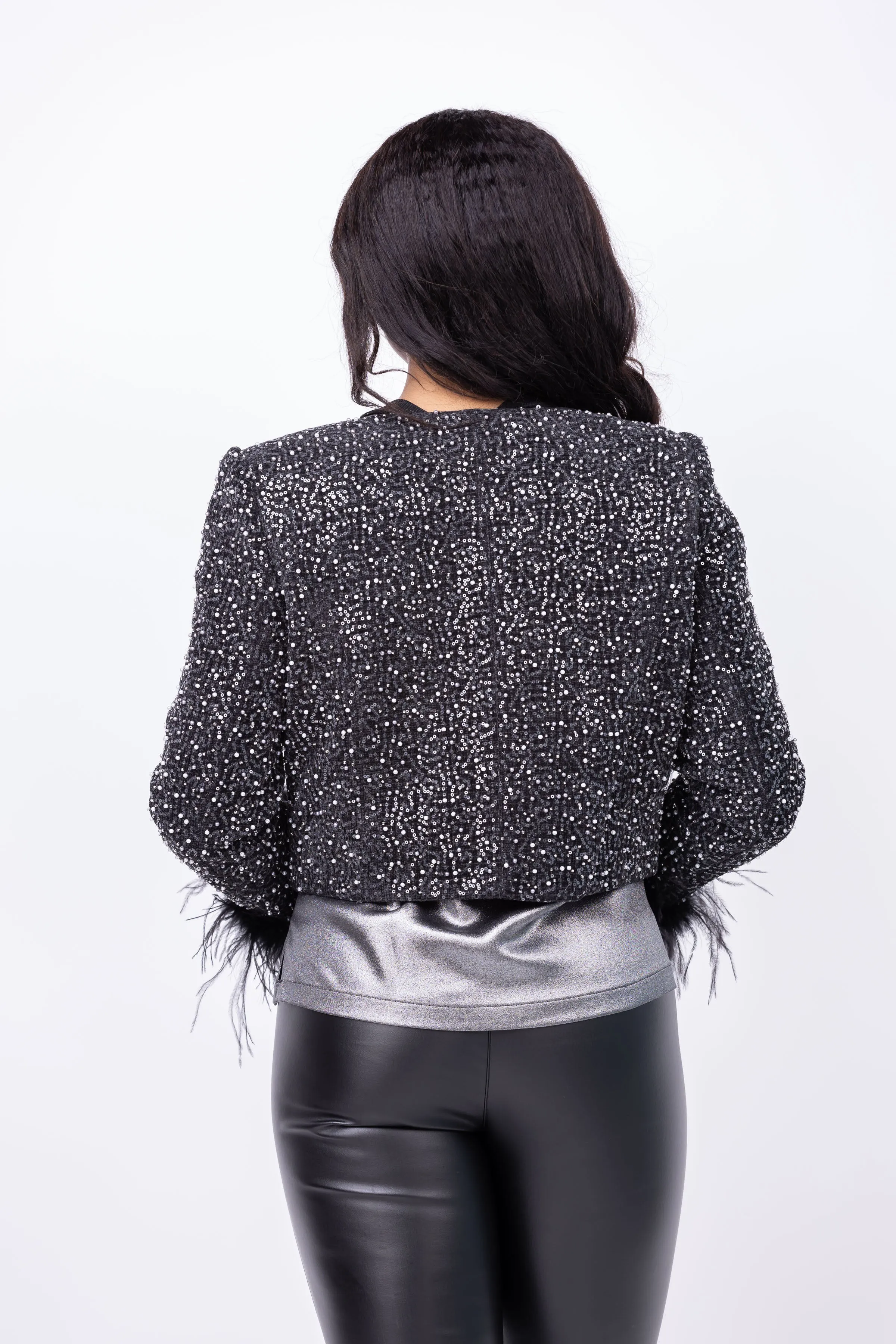 Milly Aya Beaded Tweed Feather Cuff Jacket in Black