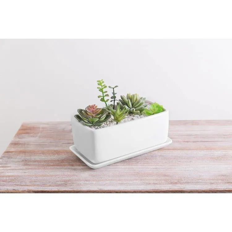 Minimalist White Ceramic Planter Pot, Rectangular