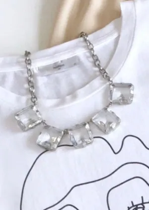 NECKLACE silver chain necklace w/ 5 large square clear stones w/ beveled edge, 10" long   2.5" extender