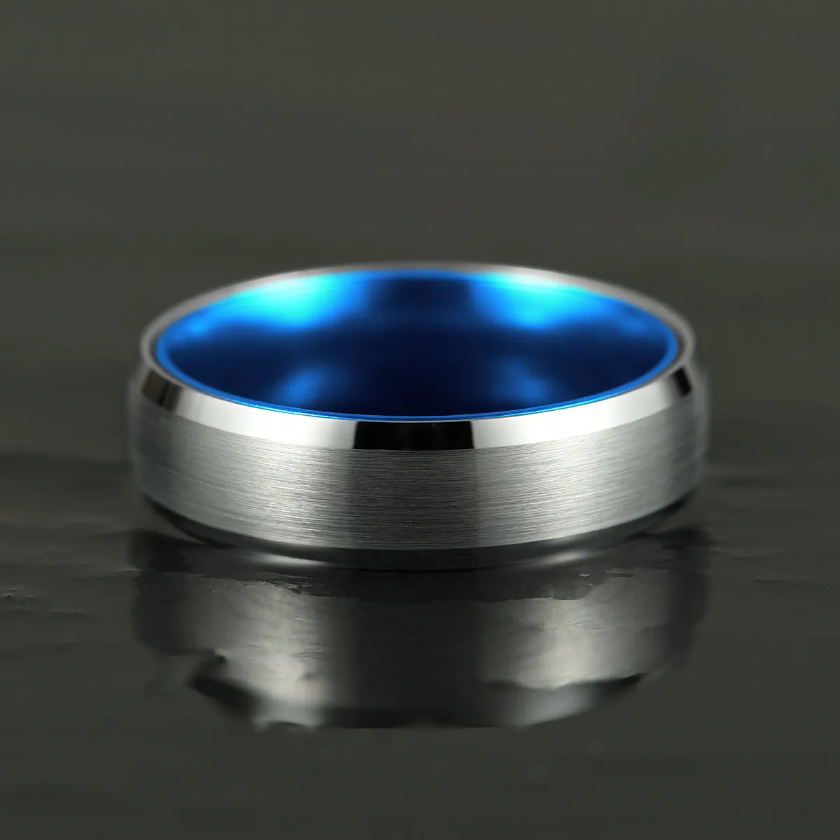 Pristine Passion Blue Interior Silver Tungsten Wedding Band 6MM