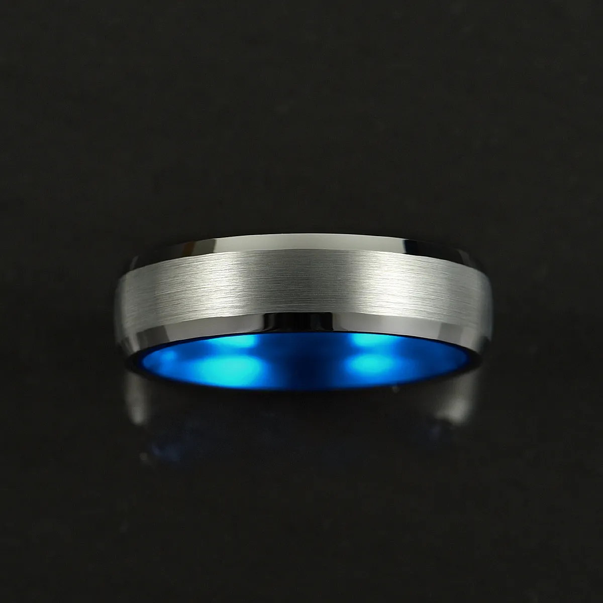 Pristine Passion Blue Interior Silver Tungsten Wedding Band 6MM