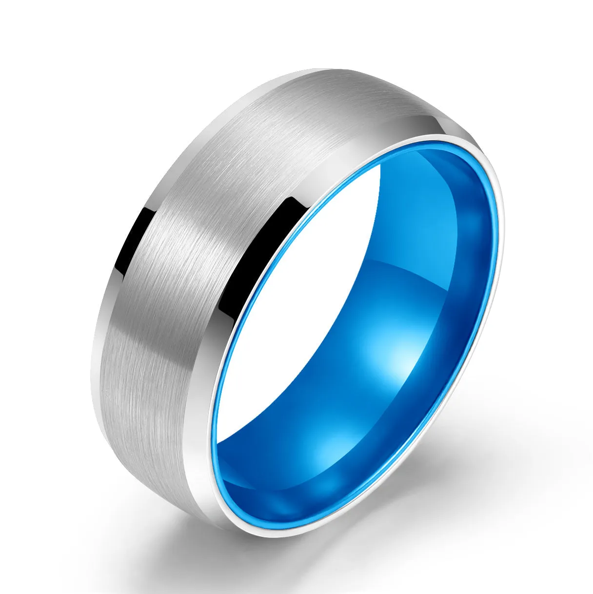 Pristine Passion Blue Interior Silver Tungsten Wedding Band 6MM