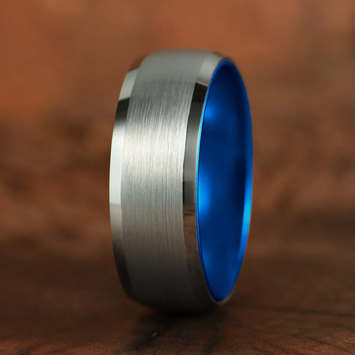 Pristine Passion Blue Interior Silver Tungsten Wedding Band 6MM