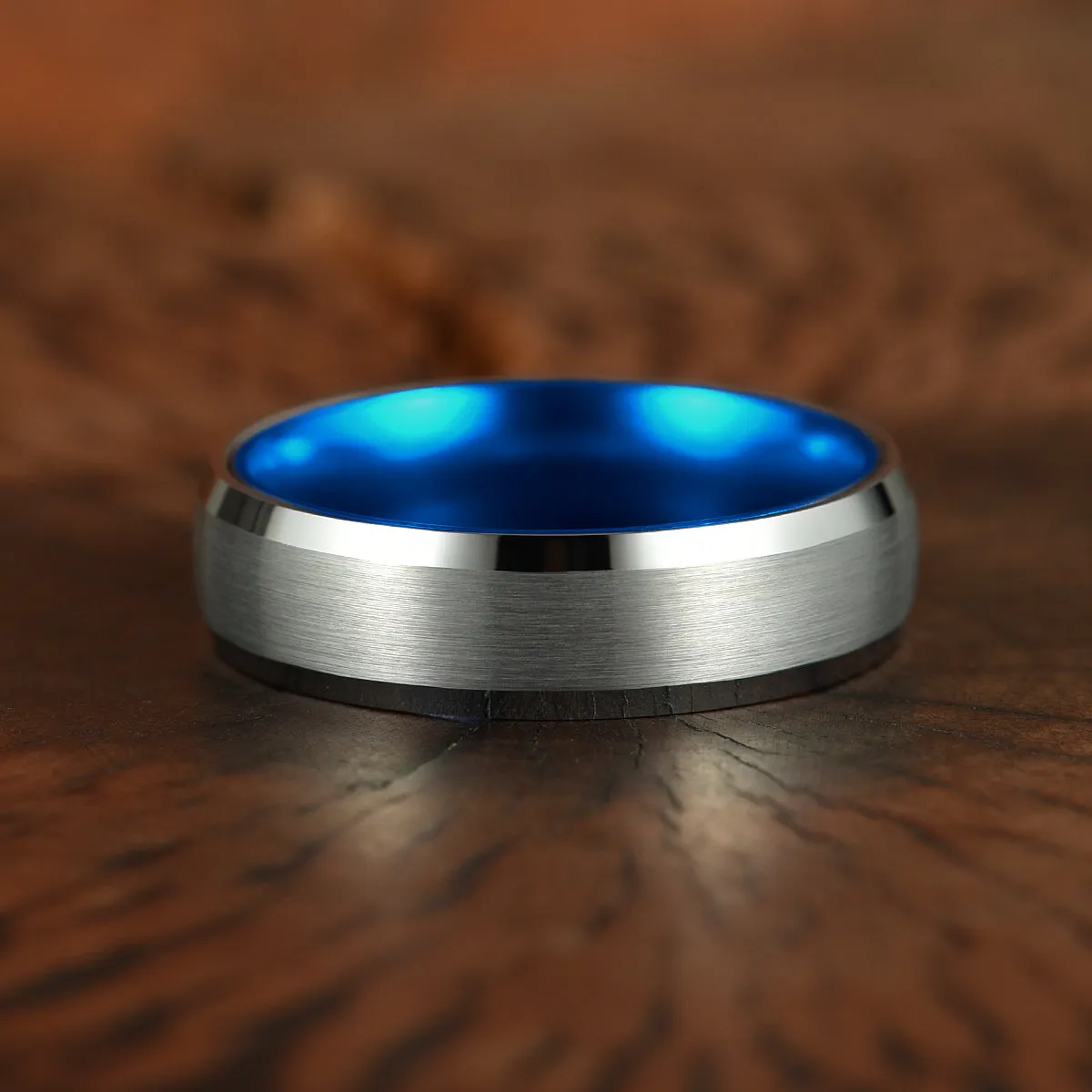 Pristine Passion Blue Interior Silver Tungsten Wedding Band 6MM