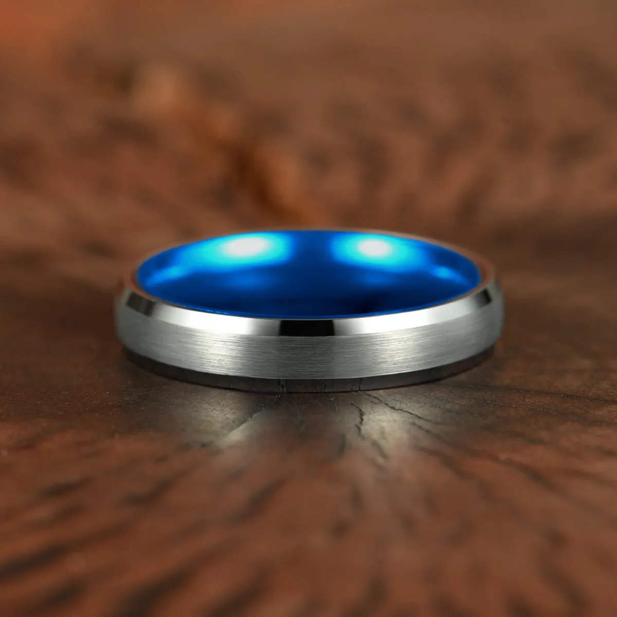 Pristine Passion Blue Interior Silver Tungsten Wedding Band 6MM