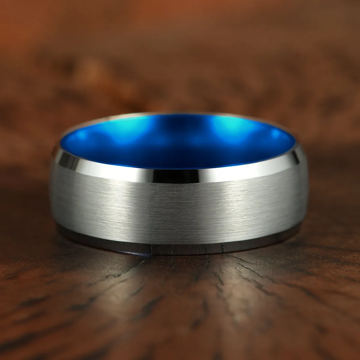 Pristine Passion Blue Interior Silver Tungsten Wedding Band 6MM