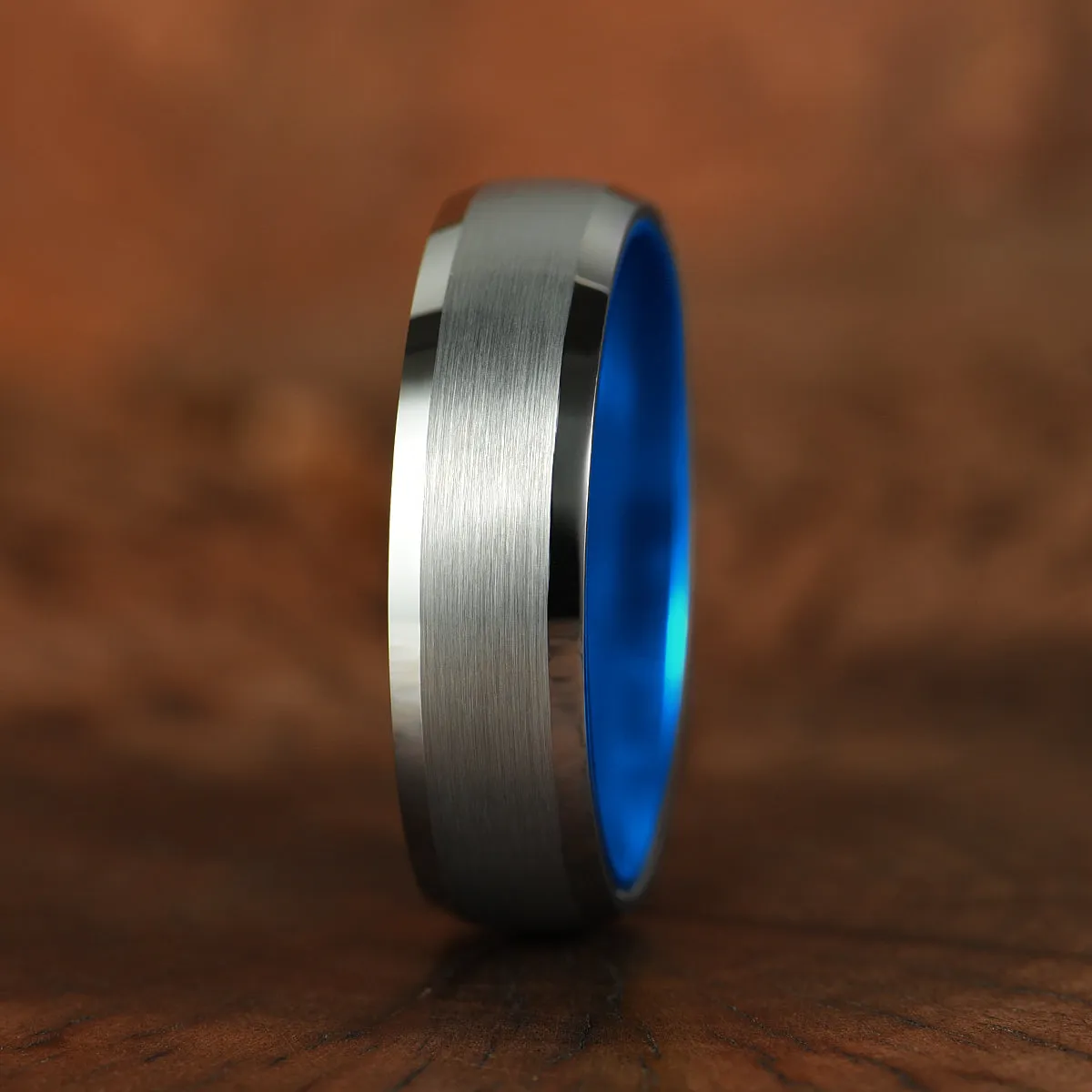 Pristine Passion Blue Interior Silver Tungsten Wedding Band 6MM