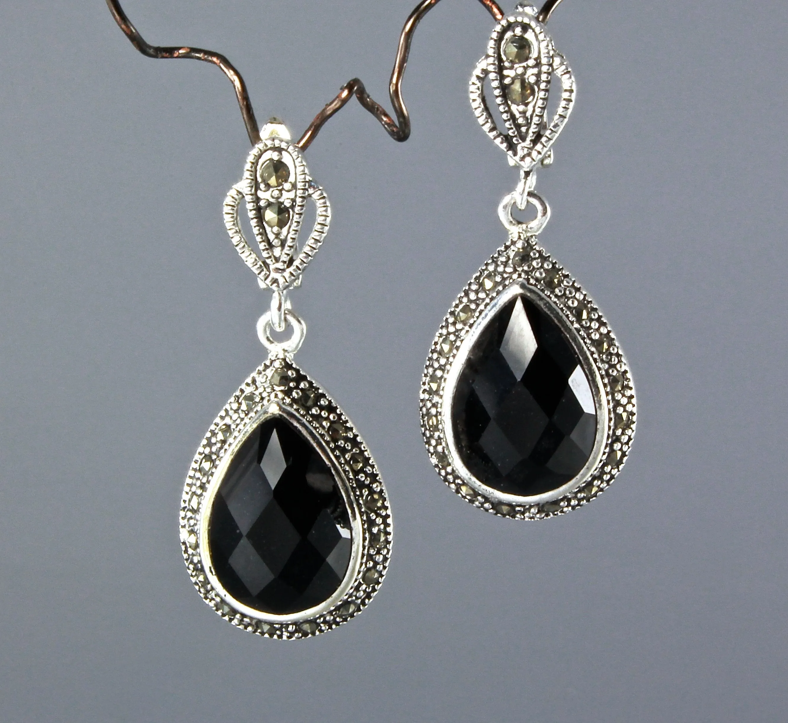 "Dauphine" - Black Agate and Marcasite Sterling Silver Necklace and Earrings Set