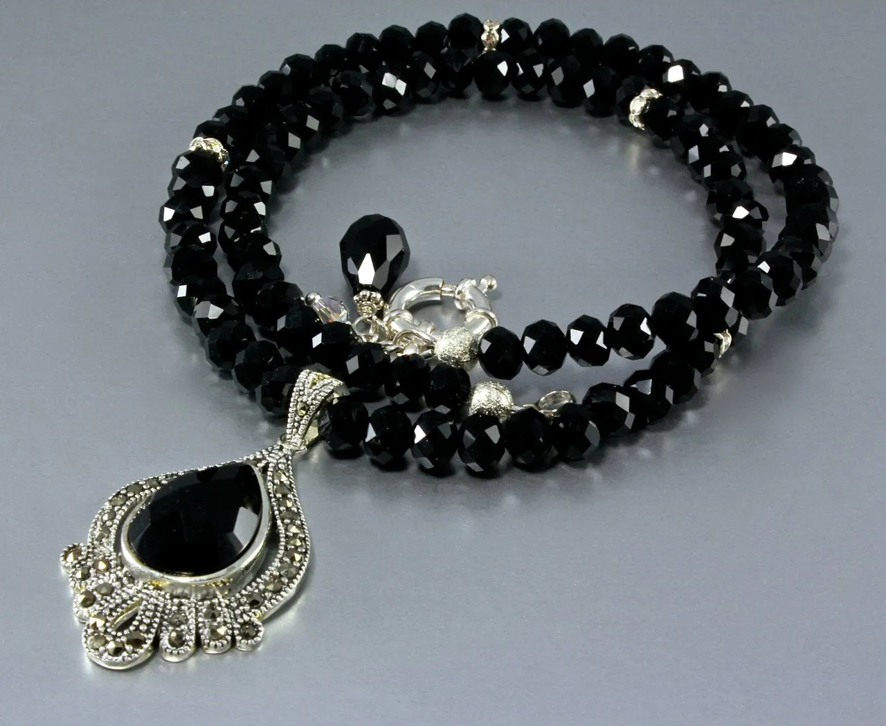 "Dauphine" - Black Agate and Marcasite Sterling Silver Necklace and Earrings Set