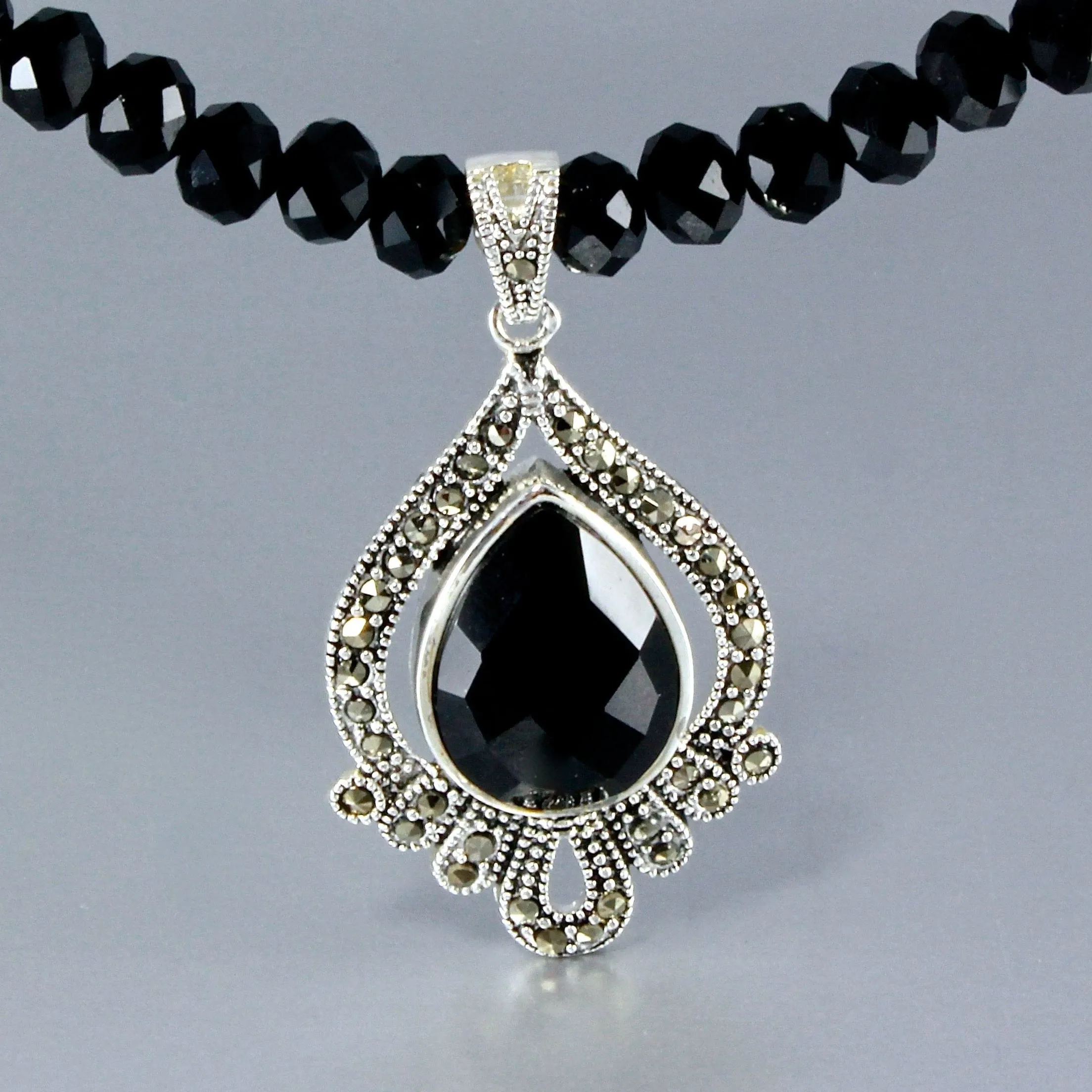 "Dauphine" - Black Agate and Marcasite Sterling Silver Necklace and Earrings Set