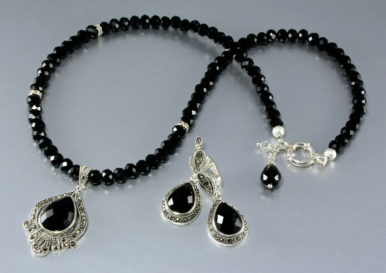 "Dauphine" - Black Agate and Marcasite Sterling Silver Necklace and Earrings Set