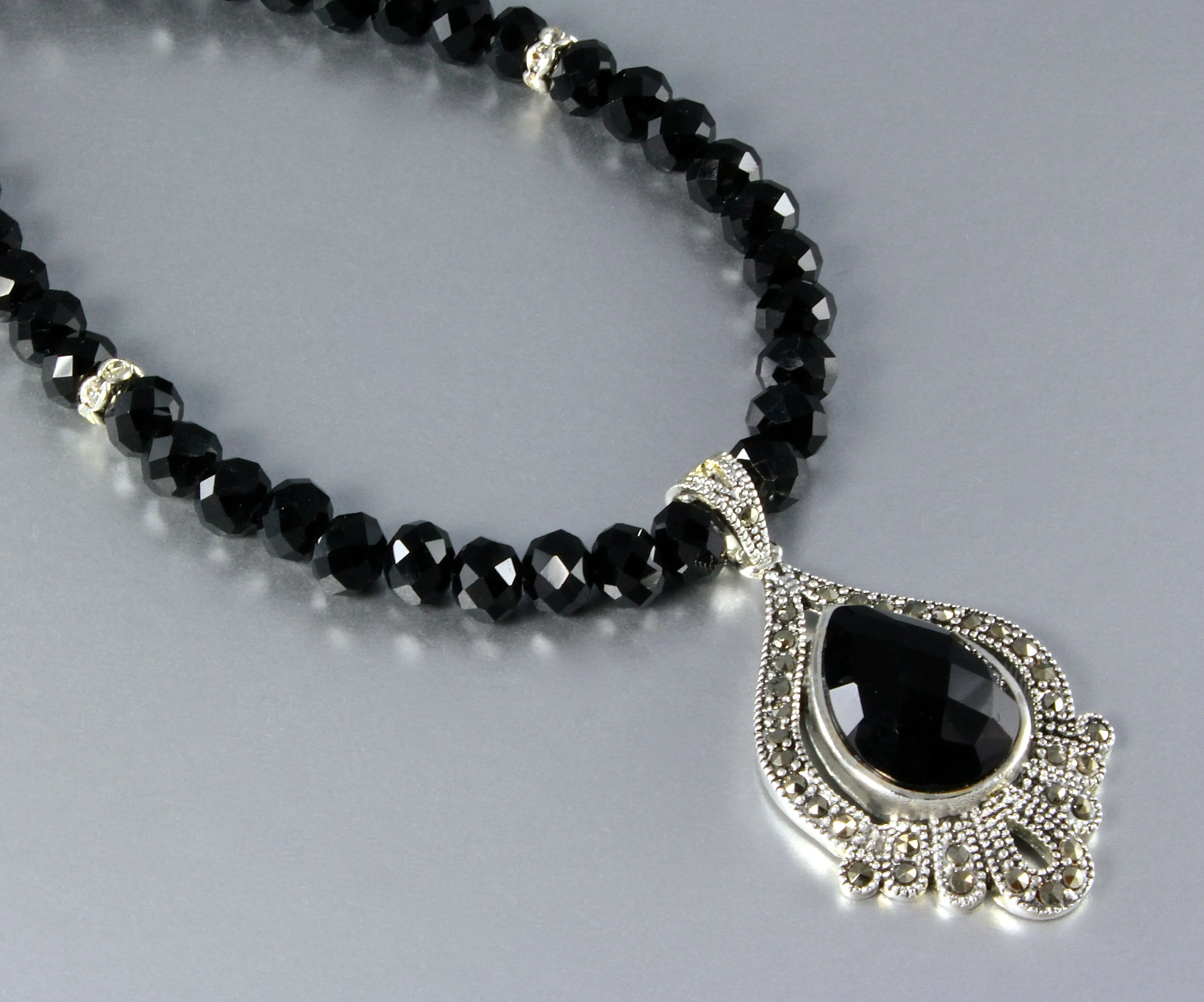 "Dauphine" - Black Agate and Marcasite Sterling Silver Necklace and Earrings Set