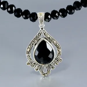 "Dauphine" - Black Agate and Marcasite Sterling Silver Necklace and Earrings Set