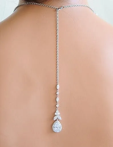 "Kendra" - Cubic Zirconia Bridal Backdrop Necklace Earrings Set - Available in Silver and Rose Gold