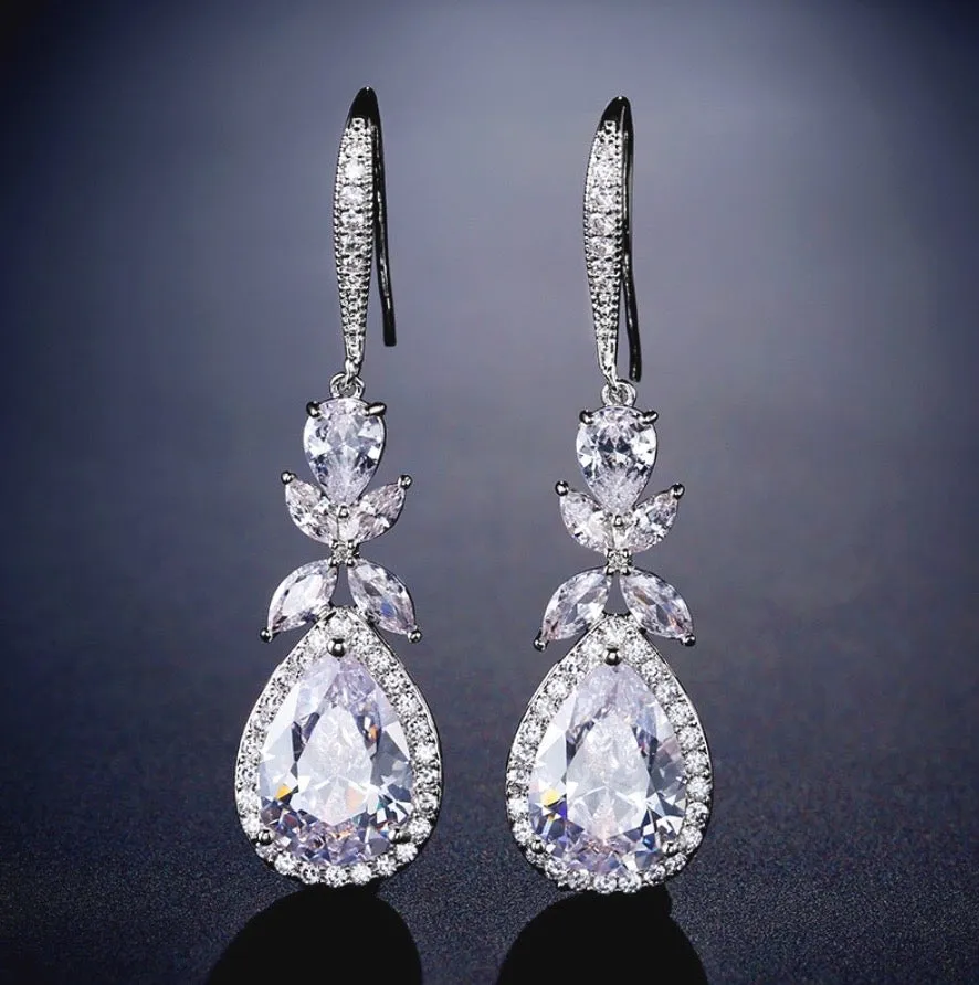 "Kendra" - Cubic Zirconia Bridal Backdrop Necklace Earrings Set - Available in Silver and Rose Gold