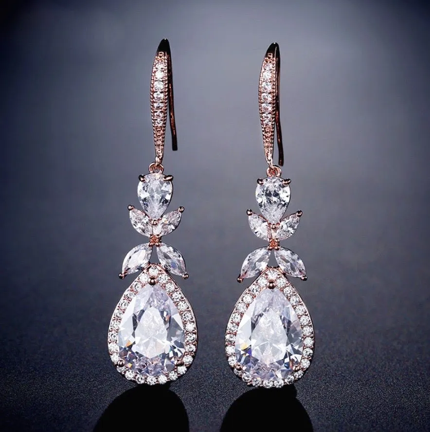 "Kendra" - Cubic Zirconia Bridal Backdrop Necklace Earrings Set - Available in Silver and Rose Gold
