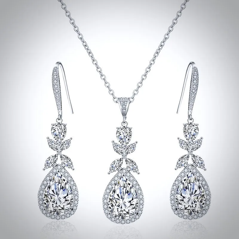 "Kendra" - Cubic Zirconia Bridal Backdrop Necklace Earrings Set - Available in Silver and Rose Gold