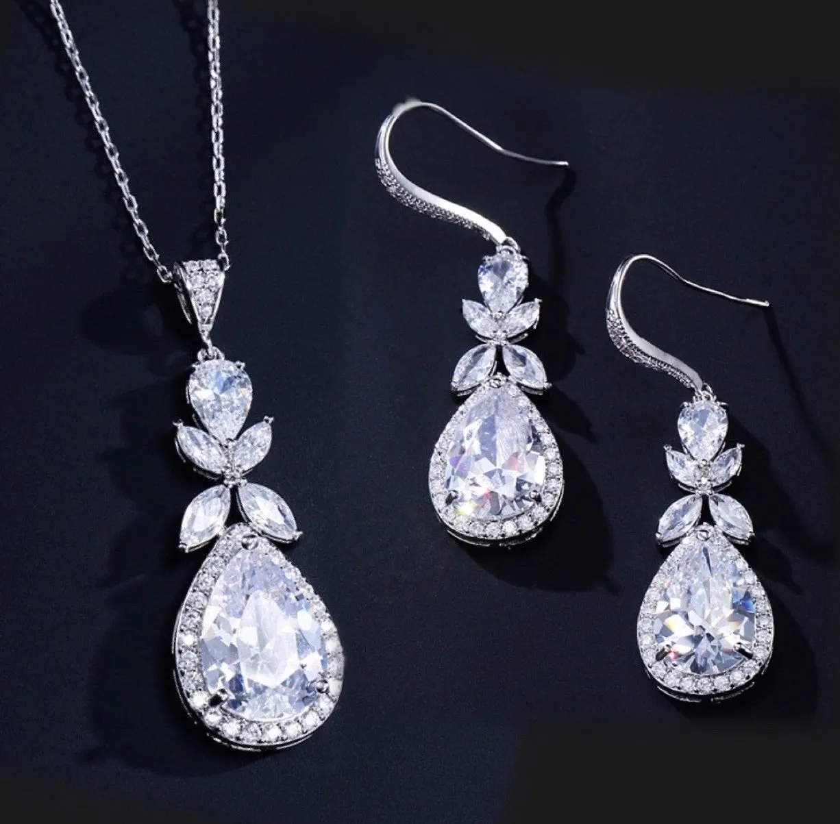 "Kendra" - Cubic Zirconia Bridal Backdrop Necklace Earrings Set - Available in Silver and Rose Gold