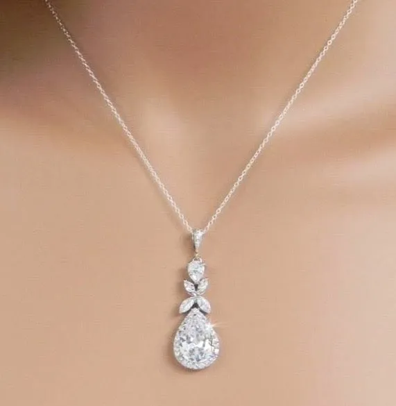 "Kendra" - Cubic Zirconia Bridal Backdrop Necklace Earrings Set - Available in Silver and Rose Gold