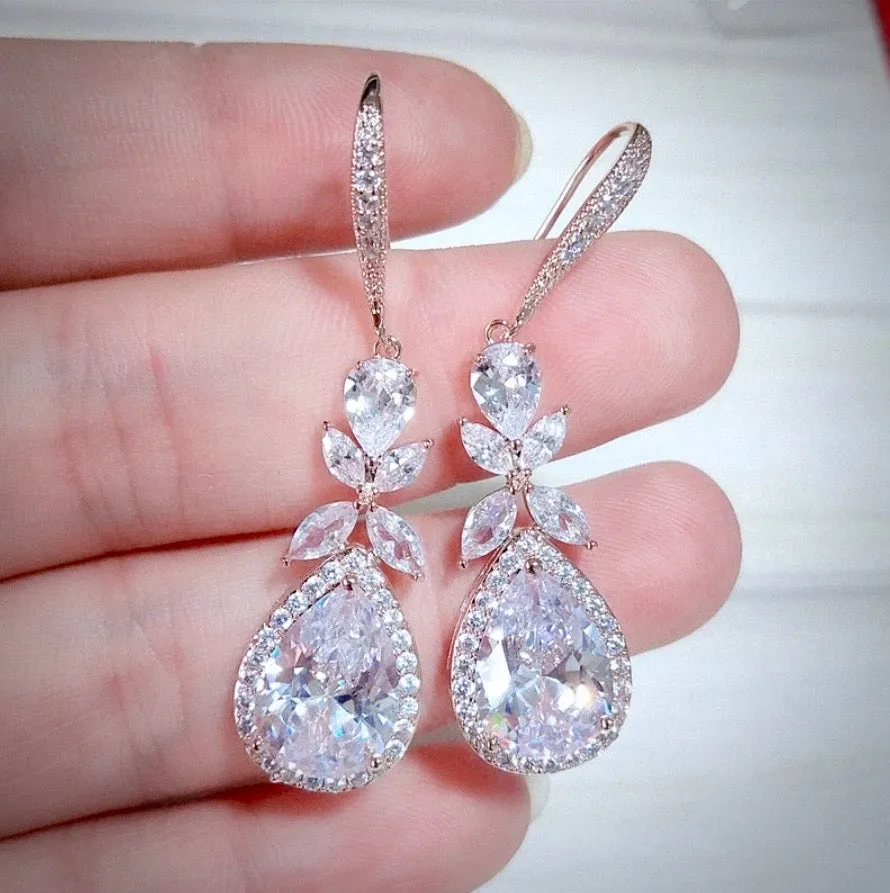 "Kendra" - Cubic Zirconia Bridal Backdrop Necklace Earrings Set - Available in Silver and Rose Gold