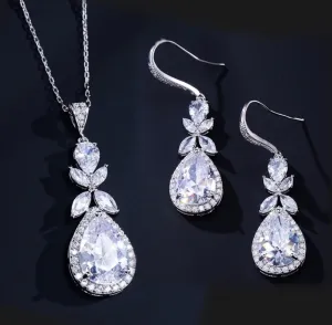 "Kendra" - Cubic Zirconia Bridal Backdrop Necklace Earrings Set - Available in Silver and Rose Gold