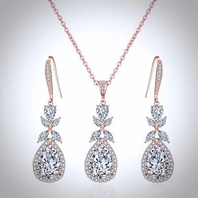 "Kendra" - Cubic Zirconia Bridal Backdrop Necklace Earrings Set - Available in Silver and Rose Gold