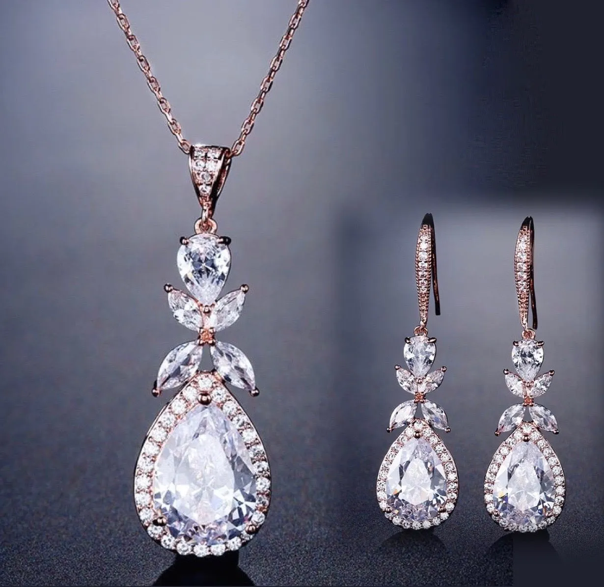 "Kendra" - Cubic Zirconia Bridal Backdrop Necklace Earrings Set - Available in Silver and Rose Gold