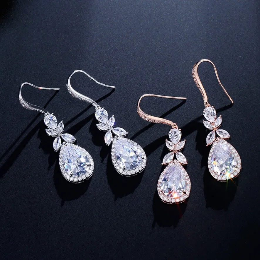 "Kendra" - Cubic Zirconia Bridal Backdrop Necklace Earrings Set - Available in Silver and Rose Gold