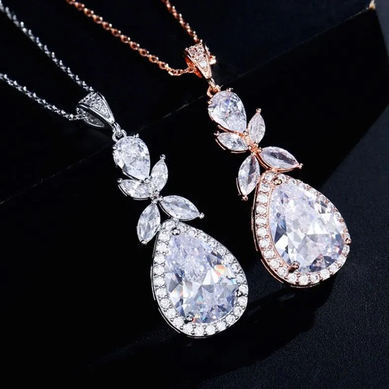 "Kendra" - Cubic Zirconia Bridal Backdrop Necklace Earrings Set - Available in Silver and Rose Gold
