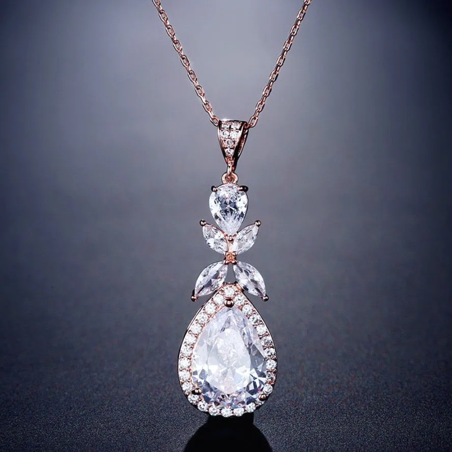 "Kendra" - Cubic Zirconia Bridal Backdrop Necklace Earrings Set - Available in Silver and Rose Gold