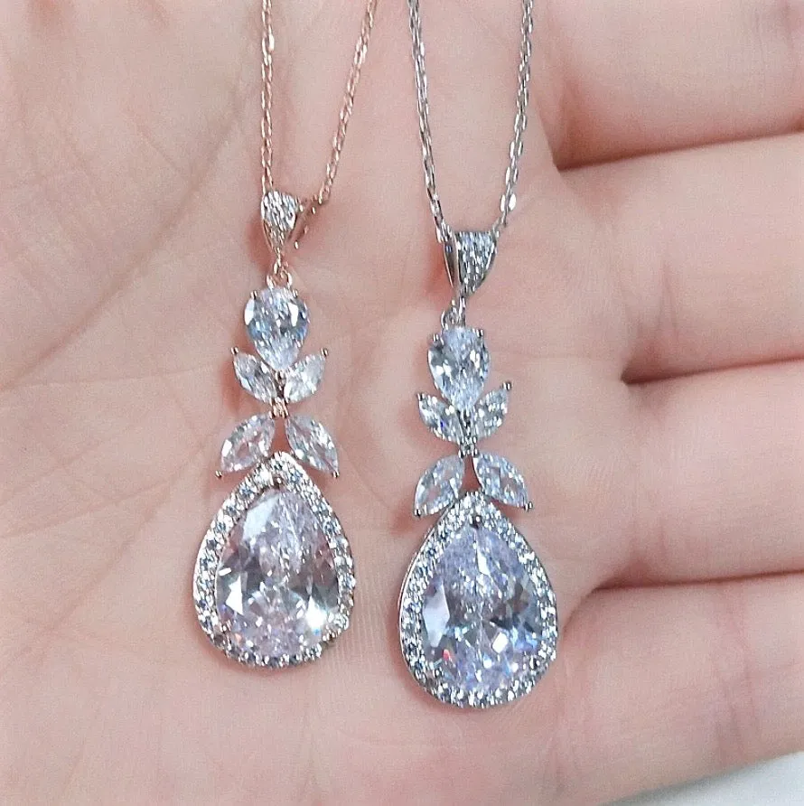 "Kendra" - Cubic Zirconia Bridal Backdrop Necklace Earrings Set - Available in Silver and Rose Gold