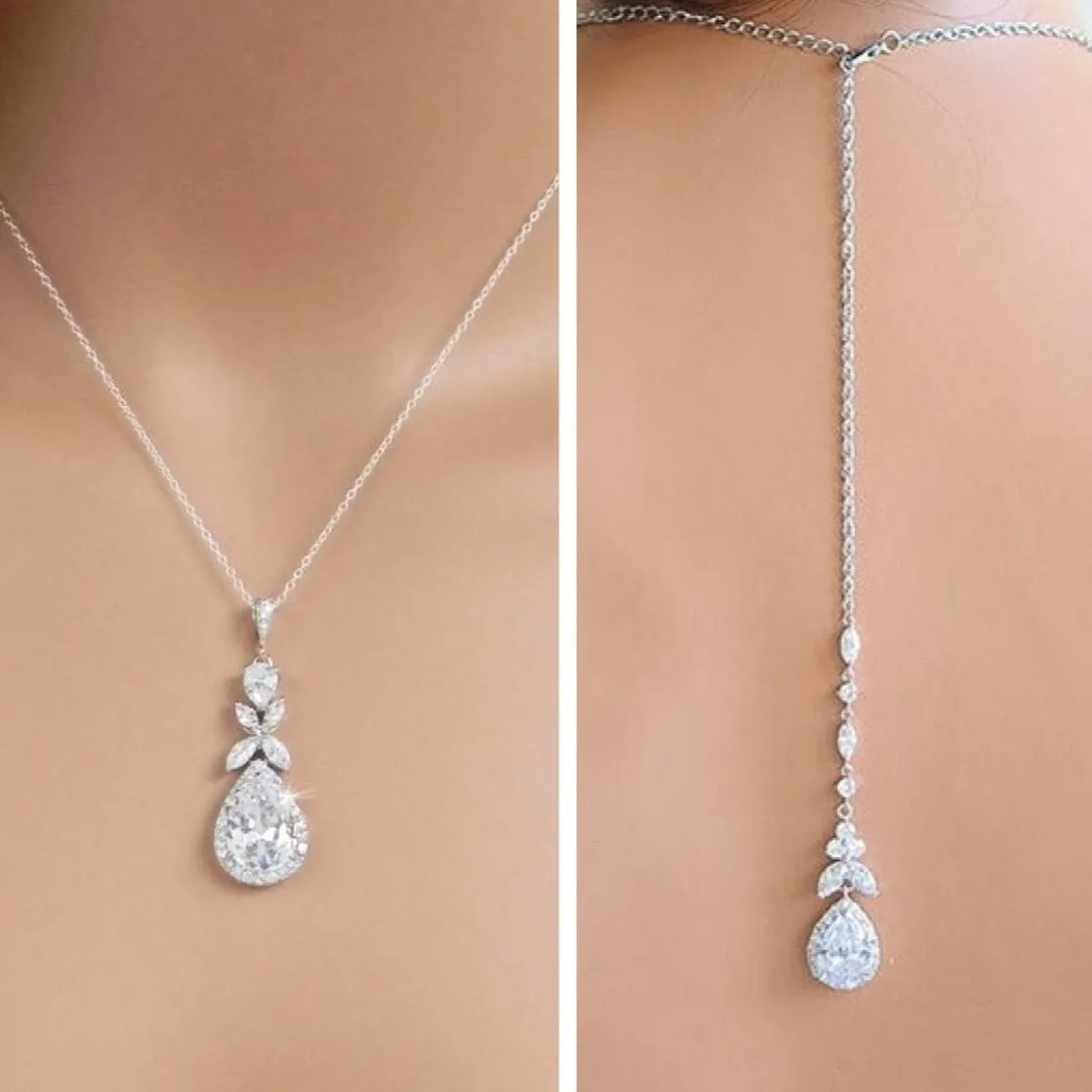 "Kendra" - Cubic Zirconia Bridal Backdrop Necklace Earrings Set - Available in Silver and Rose Gold