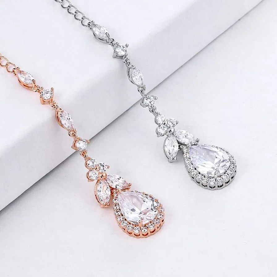 "Kendra" - Cubic Zirconia Bridal Backdrop Necklace Earrings Set - Available in Silver and Rose Gold