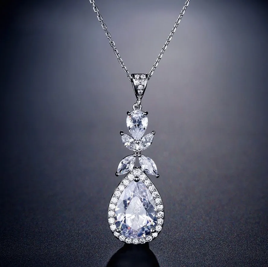 "Kendra" - Cubic Zirconia Bridal Backdrop Necklace Earrings Set - Available in Silver and Rose Gold
