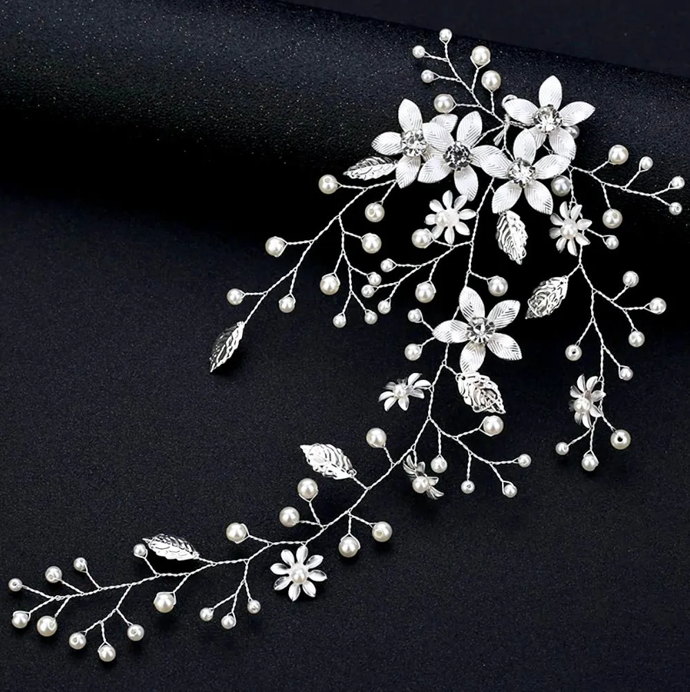 "Tara" - Pearl and Crystal Bridal Hair Vine - Available in Silver, Rose Gold and Yellow Gold
