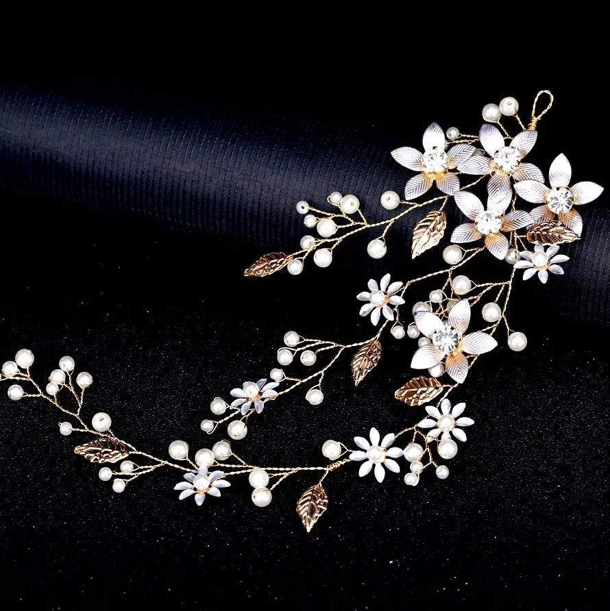 "Tara" - Pearl and Crystal Bridal Hair Vine - Available in Silver, Rose Gold and Yellow Gold