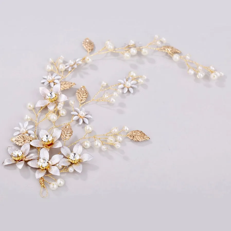 "Tara" - Pearl and Crystal Bridal Hair Vine - Available in Silver, Rose Gold and Yellow Gold