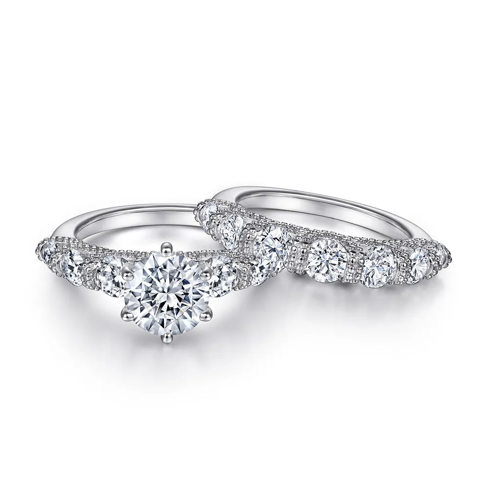 Round Zircon with Beading Zircon Silver Ring Set